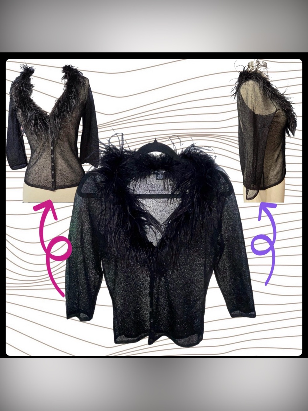Vintage Betsey Johnson Organza 3/4 Length Cardigan with Feather Collar SZ SM